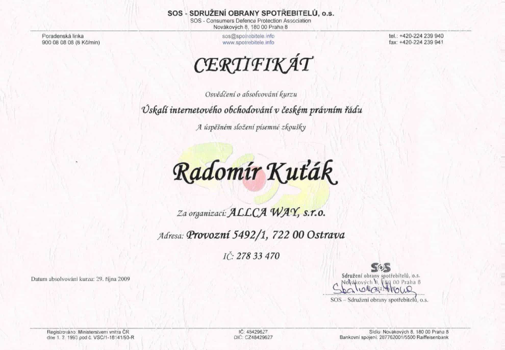 Certifikát SOS - řešení reklamací